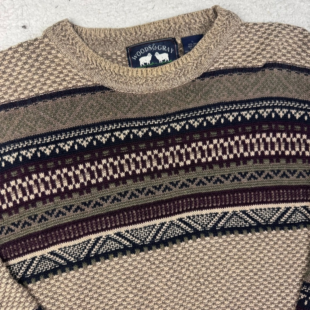 Woods & Gray Mens Sweater Fair Isle Geometric Pattern Tan Crewneck‎ Large